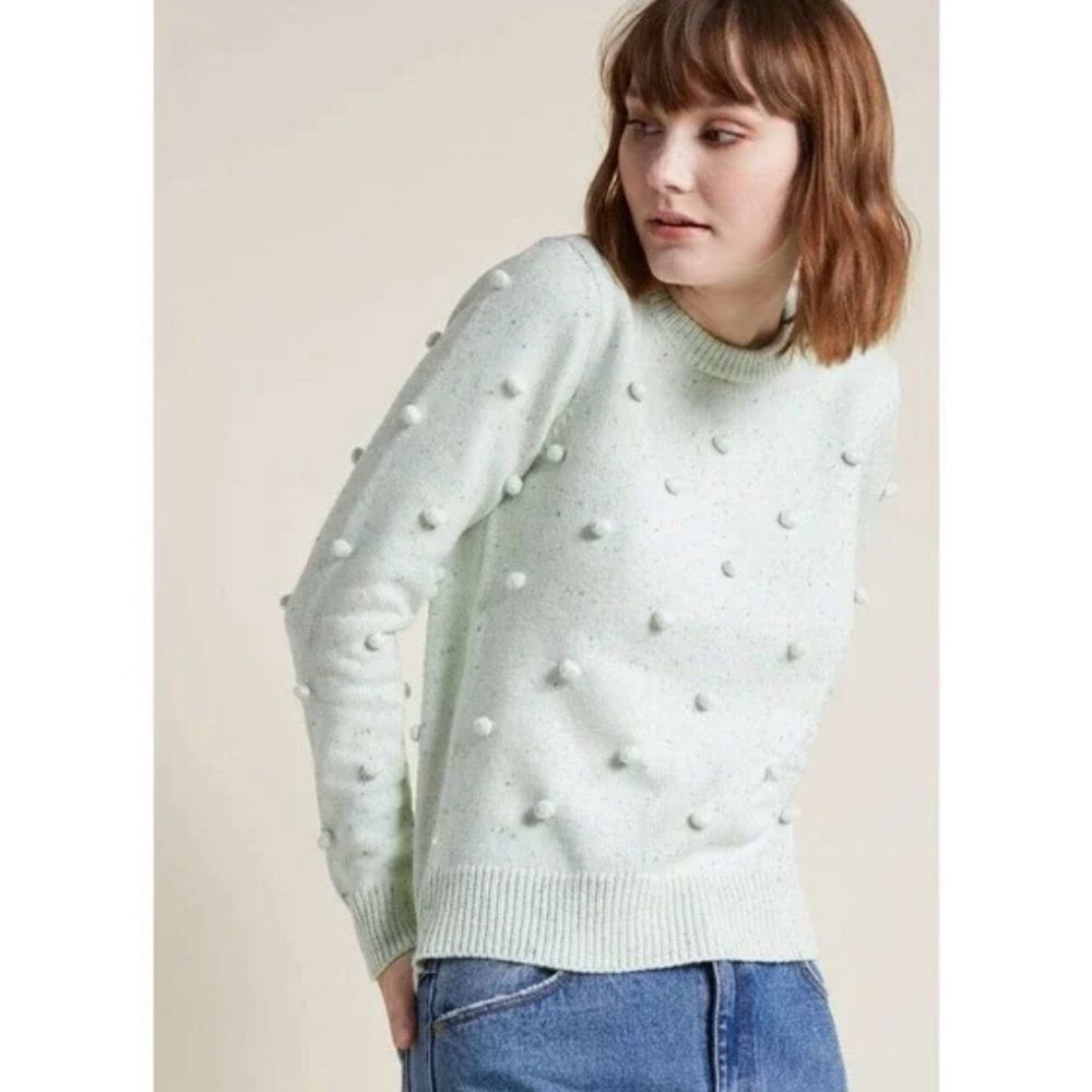 Modcloth Mint Green Pom-Pom Crewneck Sweater